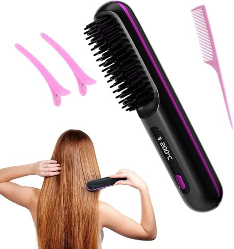 COMBLU Cordless Hair Straightener Brush, Portable Hair Straightener Comb, Rapid Heating, Type-C Rechargeable, 3 Temp Settings & LED Display