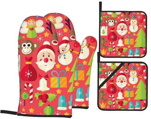 Ofenhandschuhe und Topflappen-Set, niedlicher Affe, Engel, Weihnachtsmann, hitzebeständig, Küche, Backhandschuhe, rutschfeste Oberfläche zum Kochen, Backen, Grillen, Grillen