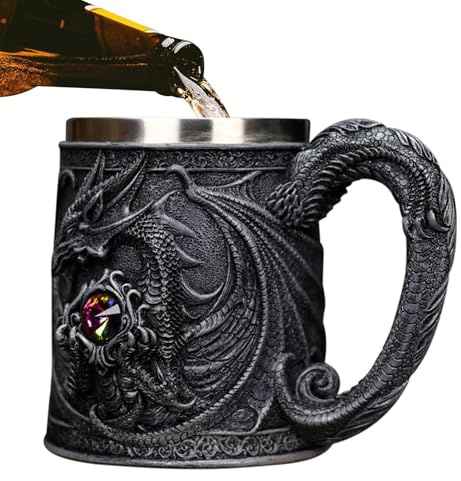 Tasse dragon médiévale, chope à bière en acier inoxydable 450 ml, chope à bière dragon médiévale, décoration de bar pour femmes et hommes, tasse originale avec bijoux rétro
