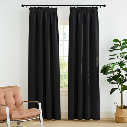 PONY DANCE Schwarze Gardinen mit Kräuselband Vorhang Blickdicht Schiene | 2er Set, H220 x B140 cm, Thermovorhang Hitzeschutz, Gardinen Abdunkelnd, für Schienensystem, für Schlafzimmer Kinderzimmer