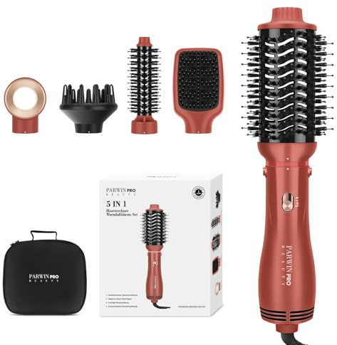 5 IN 1 Haartrockner Warmluftbürste Set, PARWIN PRO BEAUTY Styler-Set | Föhnbürste Lockenbürste mit 5 Aufsätze zum Trocknen, Glätten, Volumen und Stylen, Ionen Pflege,machen, Korallenkupfer