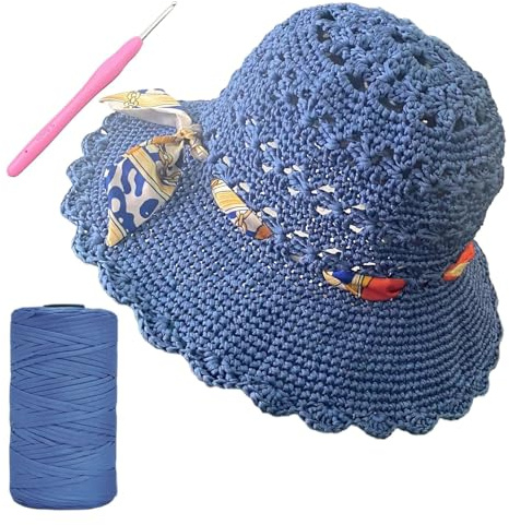 SHENJILL Häkelset für Anfänger mit Häkelgarn für Damen, Sonnenstrohhut, Anfänger-Strickset für Erwachsene, einfache Startergarn-Sets zum Häkeln, leicht verständliche Anleitung (Graublau)