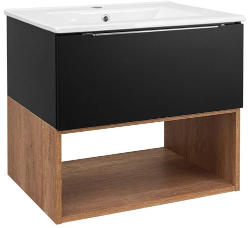 VBChome Set di mobili da bagno, 60 cm, colore nero, con lavabo in ceramica e pensile, soluzione pratica per il vostro bagno