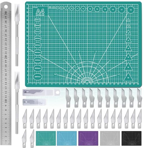 Miuzei Juego de alfombrillas de corte A4 con regla de acero y 30 cuchillas para manualidades, alfombrilla de dibujo autorreparable (verde)