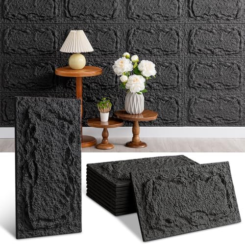 Lot de 10 panneaux muraux 3D, 45 x 25 cm, revêtement mural aspect pierre, 2 cm d'épaisseur, revêtement de plafond, panneau mural 3D, pour intérieur et extérieur, décoration murale (noir)