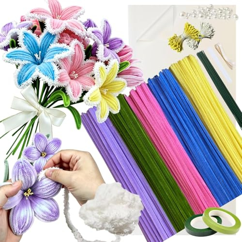Macaron Pipe Cleaner Flower Set, 300 stycken rörrengörare, 1 ull, 50 pärlor, 100 ståndare, 15 blomtrådar, 2 tejp, 2 papper