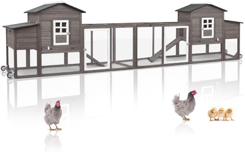 Magazoopet 158 L Large Chicken Coop with Run, Mobile Chicken Hen House with Wheels, Nesting Boxes, Outdoor Rabbit Hutch, Poultry Cage for Chickens Ducks Bunny with Removable Tray, Ramp (Grey)