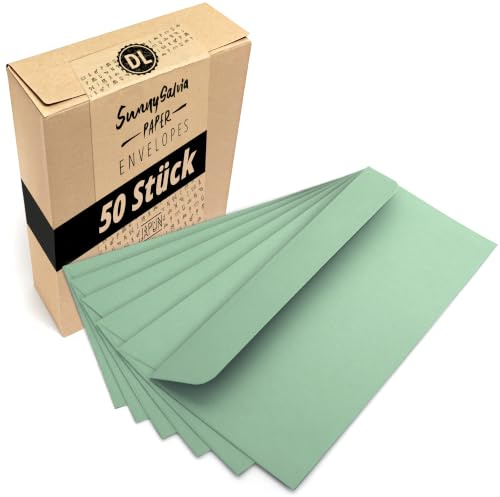 Japun - Briefumschläge (50 Stück) DIN lang, 220 x 110 mm, grün | Kuvert aus 120 g/m² Papier, langer Umschlag mit Nassklebung ohne Fenster für Einladungen zum Beschriften und Bedrucken