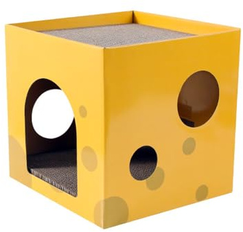 Casa Rascador Cartón Corrugado para Gatos 2 en 1 con Catnip Natural Rascador para Juegos y Descanso Resistente Fácil Montaje Refugio de 2 Plantas (Amarillo, 30x30x30cm)