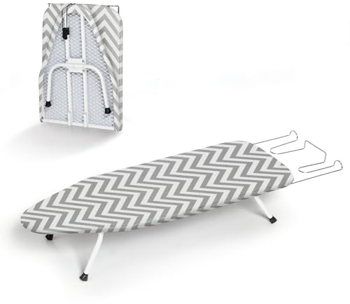 Folding Ironing Board for Small Space, RAINHOL Mini Collapsible Ironing Boards, with Hook, Iron Rest, Heat-Resistant 100% Cotton Cover and Pad, Gray and White Stripes, 31 x 12, Steel Mesh