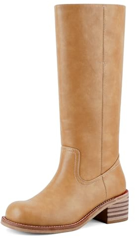VBDB Knee High Boots for Women Square Toe Wide Calf Pull on Long Boots Low Chunky Heel Block Heel Comfortable Daily Work Casual Size8.5