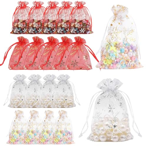 YUVKIN 20 x Sacchetti di Organza con Fiocchi di Neve, Bustine Regalo per Natale, Gioielli e Dolci (7 x 9 cm) (Multicolore)