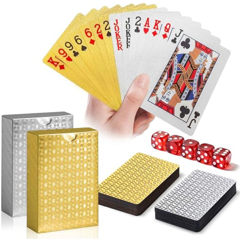 JWENUPDE Wasserfeste Kunststoff Spielkarten mit 5 Rote Würfel, Gold und Silber, Premium PET+PVC Plastik Pokerkarten, Diamant-Textur, Langlebig für Rummy, Bridge, Skat, UNO, Strand, Reise Kartenspiel