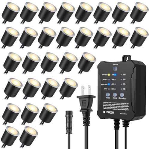 SMY Lighting Dimmable LED Deck Lights with Timer and Photocell Sensor and Protecting Shell φ32mm,30Pack Outdoor LED Smart Deck Lighting IP67 Waterproof for Garden,Yard Stair, Patio, Floor Decoration