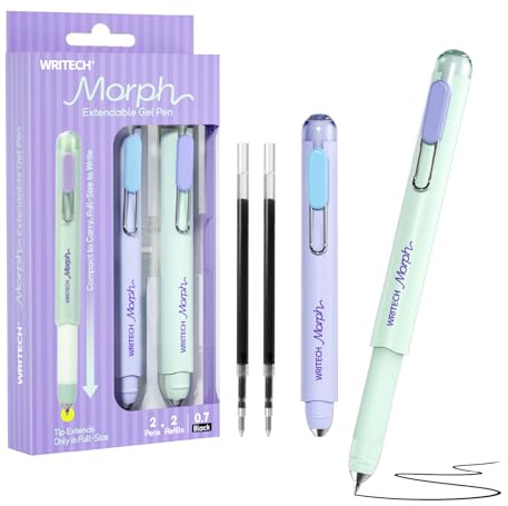 WRITECH Gel Pen Medium Point: Morph 0.7mm Black Ink Mini to Full Size Soft Grip Portable Extendable Pocket Pen Set with 2 Pens and 2 Refills