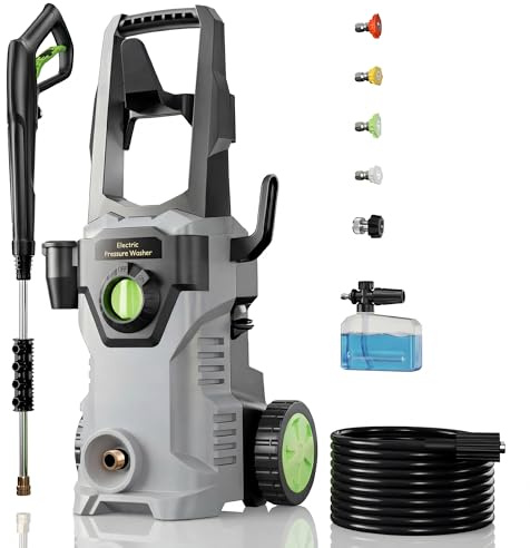 LUCKYTECH Pressure Washer, Portable Power Washer with 4 Quick Connect Nozzles, High Pressure Washer Cleaning Machine for Cars, Fences, Patios, Decks, Patios and Driveway, Grey