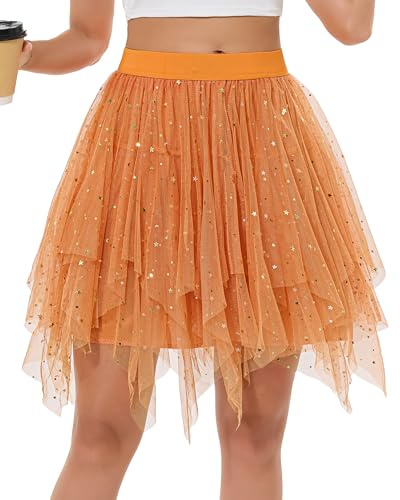 Lovasy Gonna Tulle Donna Paillettes Corta Gonne Irregolare in Tulle Plissettate Gonne Tutu a Strati Gonna in Rete Elegante per Carnevale Halloween Natale Party Prom,A-Rosso Arancio,S/M