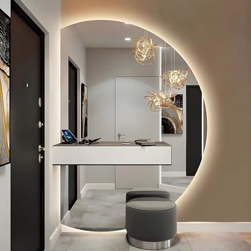 Specchio da bagno a mezzaluna grande a LED da 35/39/43/47/51 pollici, dimmerabile a 3 colori, montaggio a parete, intelligente, antiappannamento, impermeabile (taglio a sinistra, 100x70 cm/39x28 poll