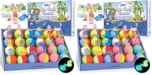 Bath Bombs for Kids, 24pcs Bath Bombs with Glow in The Dark Surprise Toy Inside, Natural and Organic Colorful Bubble Bath Fizz, Perfect Birthday, Party, Or Easter Gift for Boys and Girls (Pack of 2)