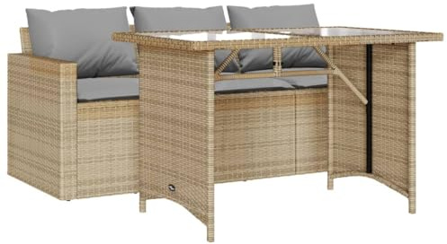 Mhdvray Tavolo da pranzo da giardino in polyrattan beige con divano a 3 posti, 177 x 70 cm, tavolo in vetro 110 x 68 cm, resistente alle intemperie, piccolo balcone per terrazza e giardino