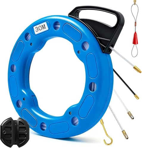 Avvolgicavo da 30 m, spirale di avvolgimento in nylon con molla di retrazione, ausilio per l'avvolgimento per tubi vuoti, filo di trazione, incluso ausilio per l'avvolgimento dei cavi e 5 adattatori