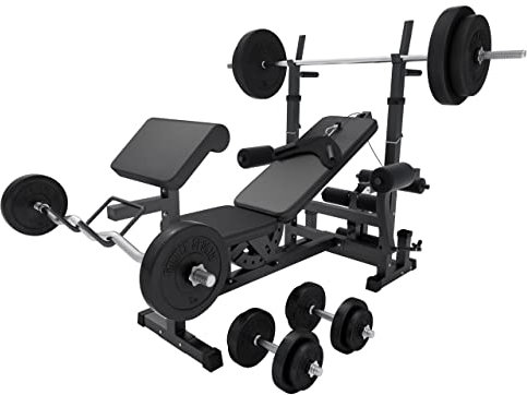GORILLA SPORTS®Hantelbank mit Gewichten - 170 cm Hantelstange, 40/70/100 kg Hantelset, Beincurler, Butterfly, Dip-station, Curlpult - Trainingsbank, Fitnessstation, Kraftstation mit Langhantel