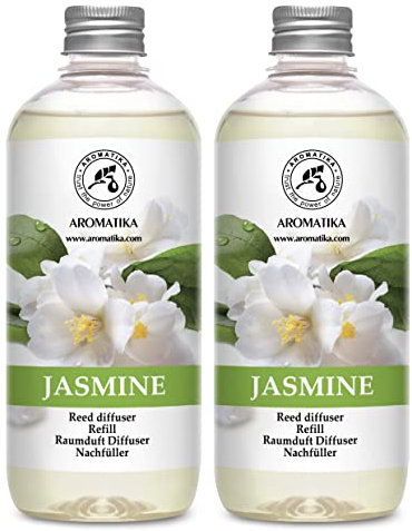 Raumduft Diffuser Nachfüller Jasmin mit Ätherischem Jasmin Öl 2x500ml - Nachfüller Set für Duftdiffusor - Raumbeduftung - Zimmerduft - Diffuser Nachfüllen - Raumluft - Jasminduft