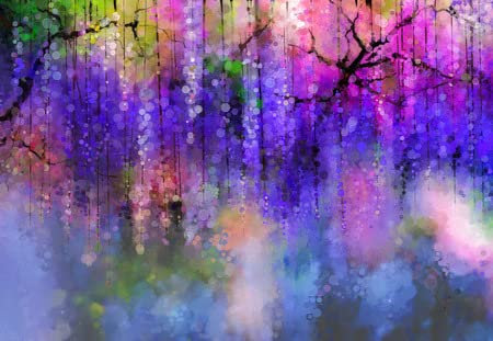 adrium Acryl-Bild 100 x 70 cm: Abstrakte Blumen in violetter, roter und gelber Farbe. Aquarellmalerei. Lila Frühlingsblumen Wisteria in Blüte mit Bokeh-Hinterg(43543430)
