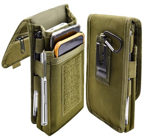 Prebene Dual Phone Holster, Belt Phone Pouch, Large Smartphone Holder, Multi-Purpose Tactical Phone Pouch, Cell Phone Holder for Work, Hiking, Camping, Barbecue (Army Green, XL)