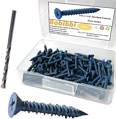 Bobibbi 3/16 x 1-1/4 Anclaje de tornillo de hormigón de cabeza plana, para anclaje a mampostería, bloque o ladrillo (100 piezas)