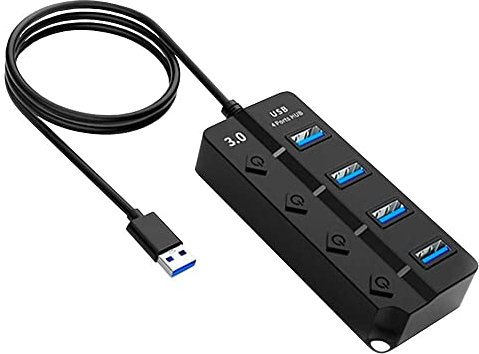 OcioDual Hub Adaptador 4 Tomas Puertos USB 3.0+2.0 Botones ON/Off Color Negro para PC Ordenador Portatil Interruptores Independientes con Luz LED Splitter Concentrador Transferencia de Datos
