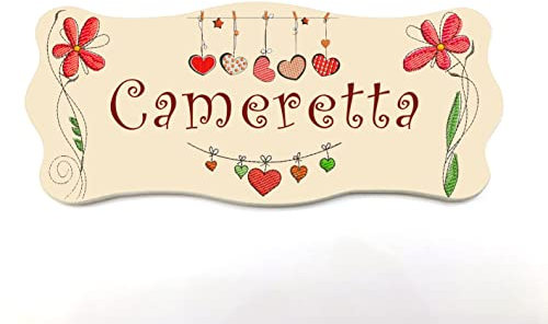 Targa per porta in legno stile shabby chic, per decorare le porte interne di casa. La targhetta misura cm 9x21 spessore 7 millimetri, con biadesivo (Bordo panna) (Cameretta)