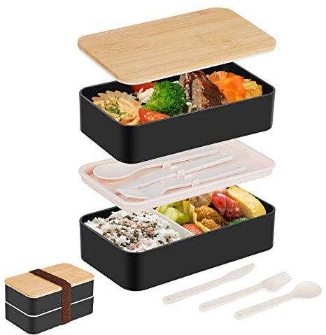 Chuboir Bento Lunch Box, 1200ml Japanese Style Lunchbox with Compartments and Cutlery Set, 2 Tiers Lunch Container with Bamboo Lid for Children Adult Work School, Microwaveable Safe, Black