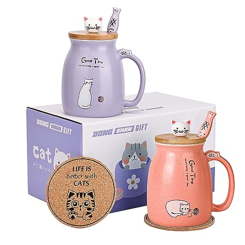 Cat Mugs Set of 2 Cute Cat Tea Cup Ceramic Coffee Mug with Kawaii Lid and Spoon Cute Mugs for Women Girls Cat Lovers 16.9oz/480ml Christmas Birthday Cat Gift Mug(2 Pack Purple and Pink)