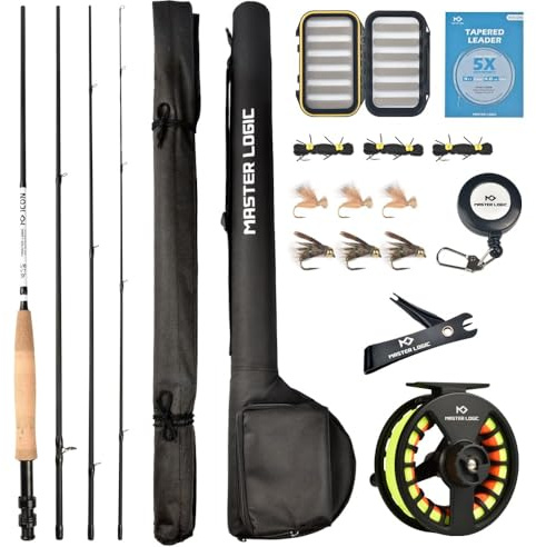Master Logic Kombi-Starter-Set zum Fliegenfischen mit Leichter Fliegenbox und Angelfliegen und Spule aus Druckguss-Aluminium, Tragetasche und Zubehör, komplettes Starterpaket für Fliegenfischen