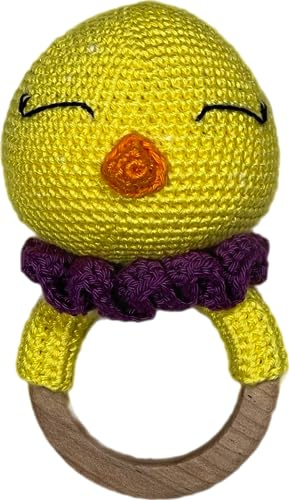 QidQuu® Amigurumi Babyrassel mit En71 geprüftem Beißring aus Ahornholz Rassel Baby Holz Spielzeug Beißring Baby Handmade Rassel Greifling Beissring Baby Rassel Holz Geschenk Gehäkelt (Küken)