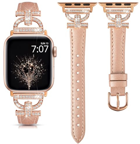 TOYOUTHS Leather Strap Compatible with Apple Watch Straps 41/42/38/40mm Women Slim Band D-Shaped Metal Buckle Rhinestones Luxury Bracelet for iWatch 11 10 9 8 7 6 5 4 SE 3 2 1, Rose Gold/Rose Gold