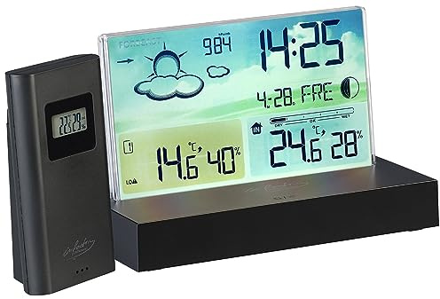 infactory orologio radiocontrollato: Stazione meteorologica wireless di design, display LCD senza cornice, indicazione dell'ora DCF (orologio digitale con stazione meteo, meteo colorata, LED)