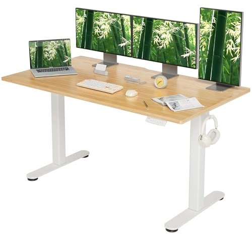INNOVAR Höhenverstellbarer Schreibtisch 140x60 mit Einteilige Tischplatte aus Bambus, Elektrischer Stehschreibtisch, Computertisch Sitz/steh mit Memory Funktion und Kollisionschutz, Bambus Beige