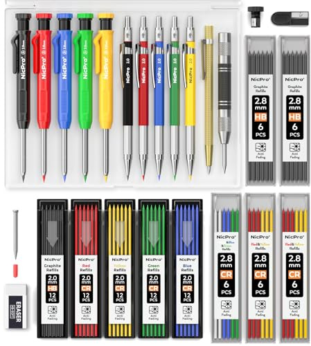 Nicpro 27 Stück Zimmermannsbleistifte mit Spitzer, Tieflochmarker, mechanische Tischlerbleistifte mit 100 Minen, automatischem Körner und Hartmetall-Anreißwerkzeug, robuster Bau-Bleistift mit Etui