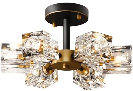 JUJUQI Moderne Kristall Deckenleuchte Schwarze und Gold Vintage Deckenlampe 6-Lichter Design Luxus K9 Kristall Deckenlampe für Schlafzimmer Flur Esszimme