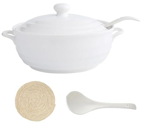 Soupière en céramique avec couvercle à double poignée – 1200 ml – Cocotte ronde blanche pure – Casserole résistante à la chaleur avec couvercle blanc