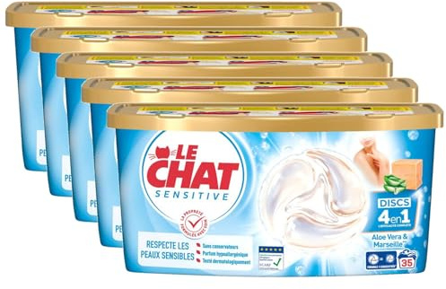 LE CHAT Sensitive - Discs 4en1 Savon de Marseille & Aloe Vera - Lot de 5 boîtes de 35 capsules (175 capsules)