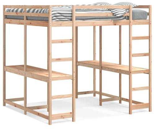 Sufrk Loftsäng med skrivbord och trappa 160 x 200 cm Massiv tallsäng, våningssäng, dubbelsäng, multifunktion, med trappor och skåp, stabilt räcke lämpligt för barn, tonåringar, raga