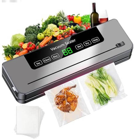 Vacuum Sealer Machine, 6-in-1 Food Sealing System with Built-in Cutter & LED Countdown Display, Automatic Sealing for Meat, Fish, Vegetables, Sous Vide, Includes 30 Vacuum Bags