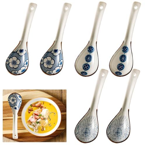 Xiuyer 6Pcs Cuillères à Soupe Japonaises Et Coréennes Poignée Incurvée Céramique Ramen Chinoise Cuillère à Riz Cuillère à Soupe Pour Céréales Ramen Pho Wonton Bouillie