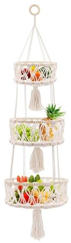 FALANZATH 3-Stöckiger Hängender Obstkorb, Natürlicher Baumwollseil Gemüsekorb für Obst & Gemüse, 20/25/30 cm, Platzsparender Hängekorb für Küche, Wandkorb, 110 cm Länge