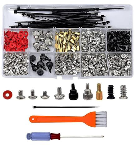 Juego de tornillos para ordenador, juego de tornillos para PC para placas base, chasis, discos duros, con bridas, cepillo y destornillador (362 piezas)