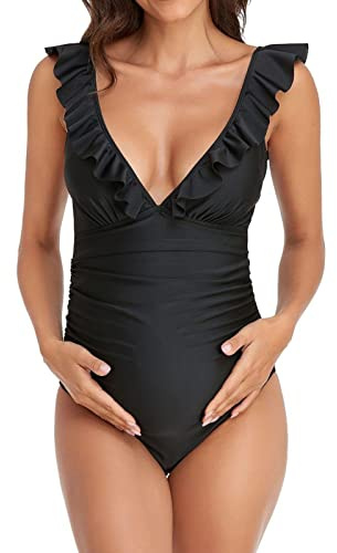 Robe Cocktail Maternité Été Femmes maternité col en V Maillots de Bain Bain Plage Sexy Maillot de Bain Costumes maternité Grossesse Bikini Maillots de Bain Maillot De Bain De Maternité (Black, M)