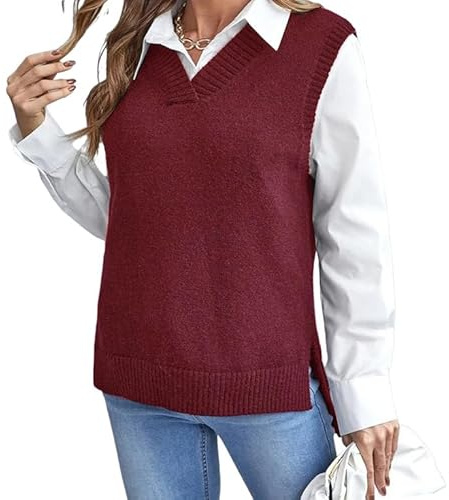RWGSNB Chaleco de Punto Mujer Sin Mangas Suéter Punto Fino Mujer Chaleco Cuello en V Dobladillo Irregular Alto y Bajo Sin Mangas Suéter Waistcoat Holgado Informal Top Otoño para Uso Diario Burdeo
